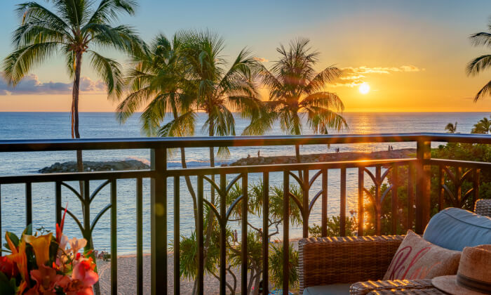 View of the sunset from a rental condo lanai at Ko Olina Resort, Hawaii.